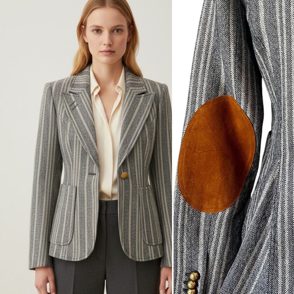 NWT Smythe Tweed Duchess Blazer Grey Stripe Rust Suede Elbow Patch Wool Size 4